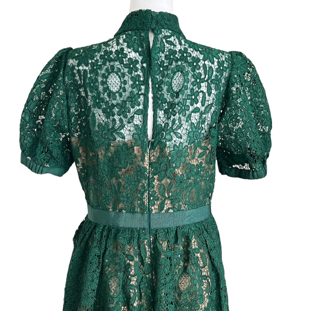 Self-Portrait Green Guipure Lace Midi Dress Women's US 10 Puff Sleeve Formal - Picture 6 of 9